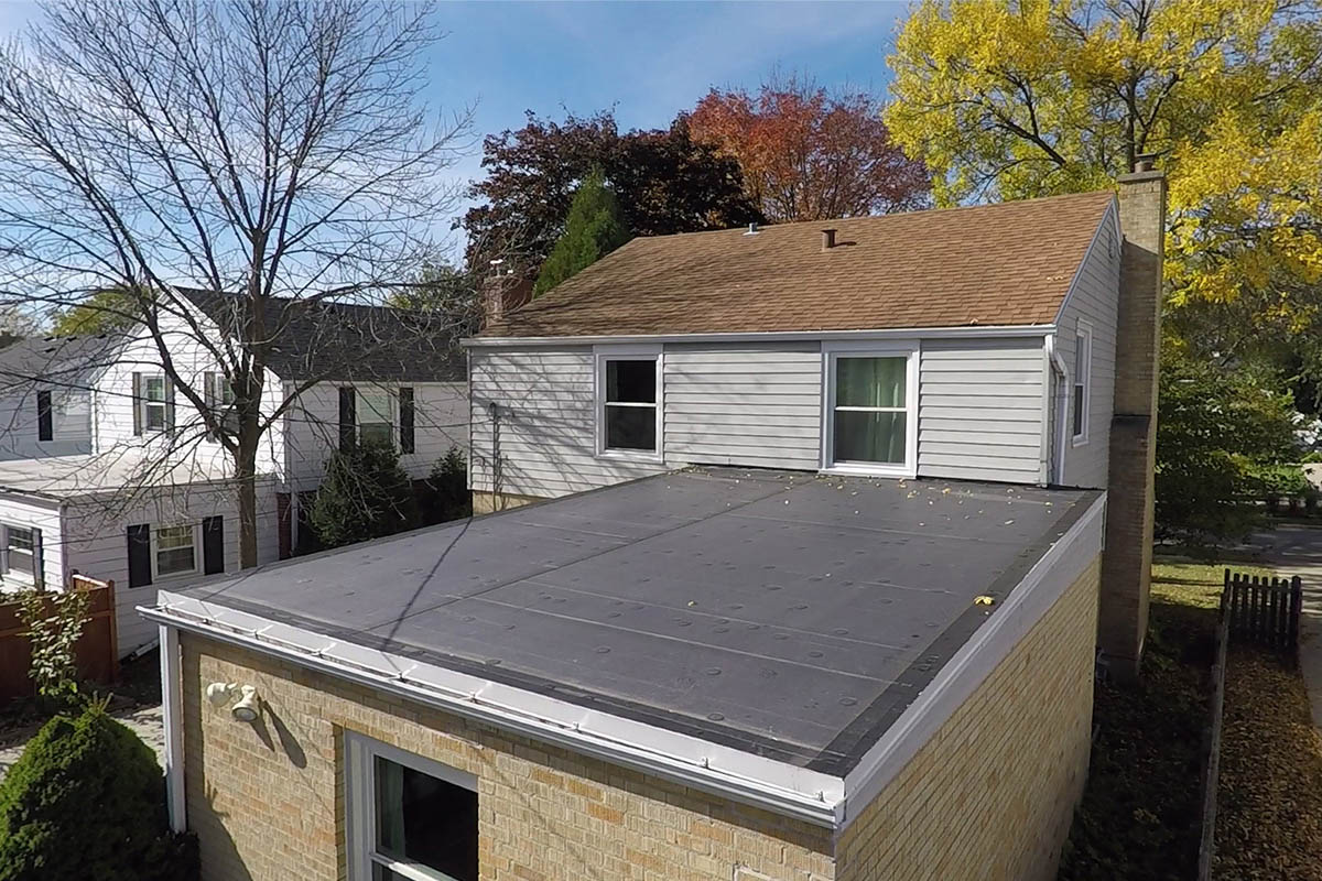 Arial view of residential rubber flat roof